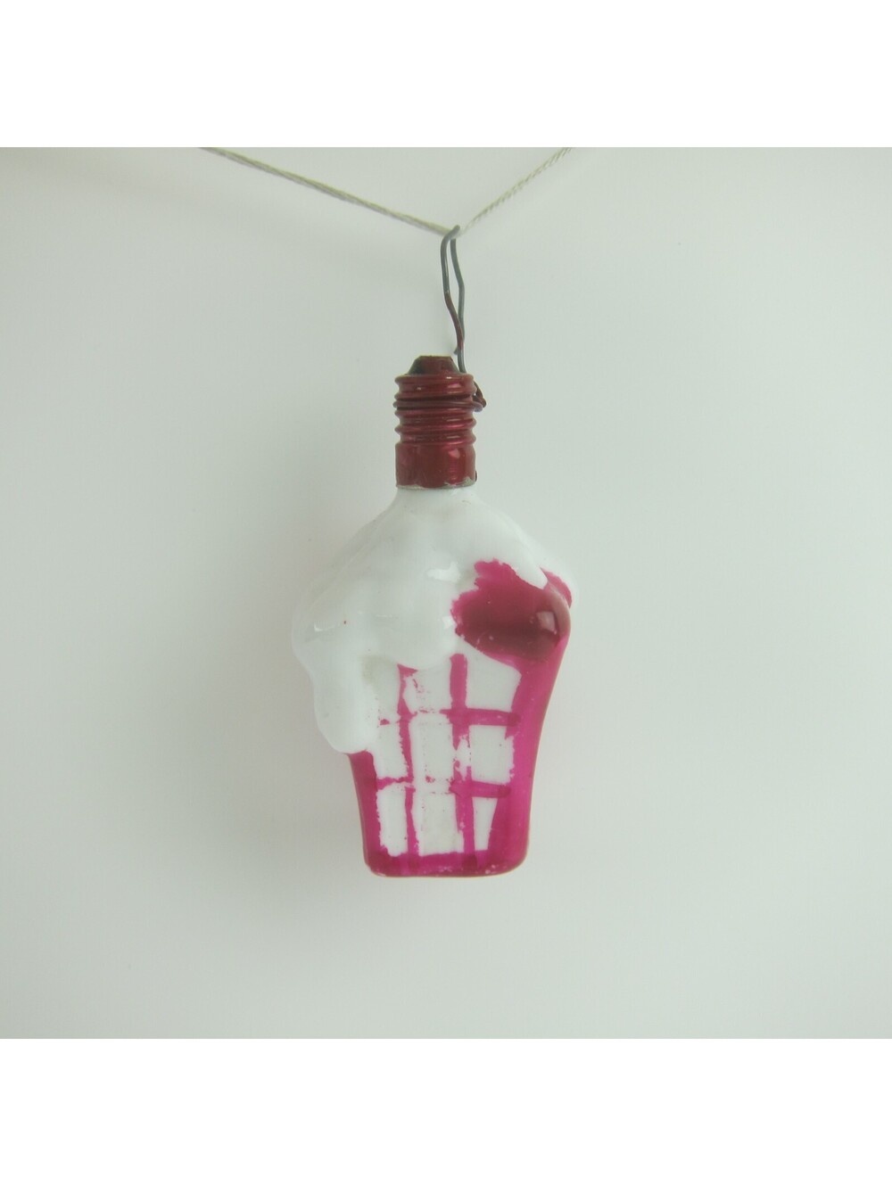 Vintage Milk Glass Figural Lantern Bulb Christmas Ornament Red White Snow 2.5"